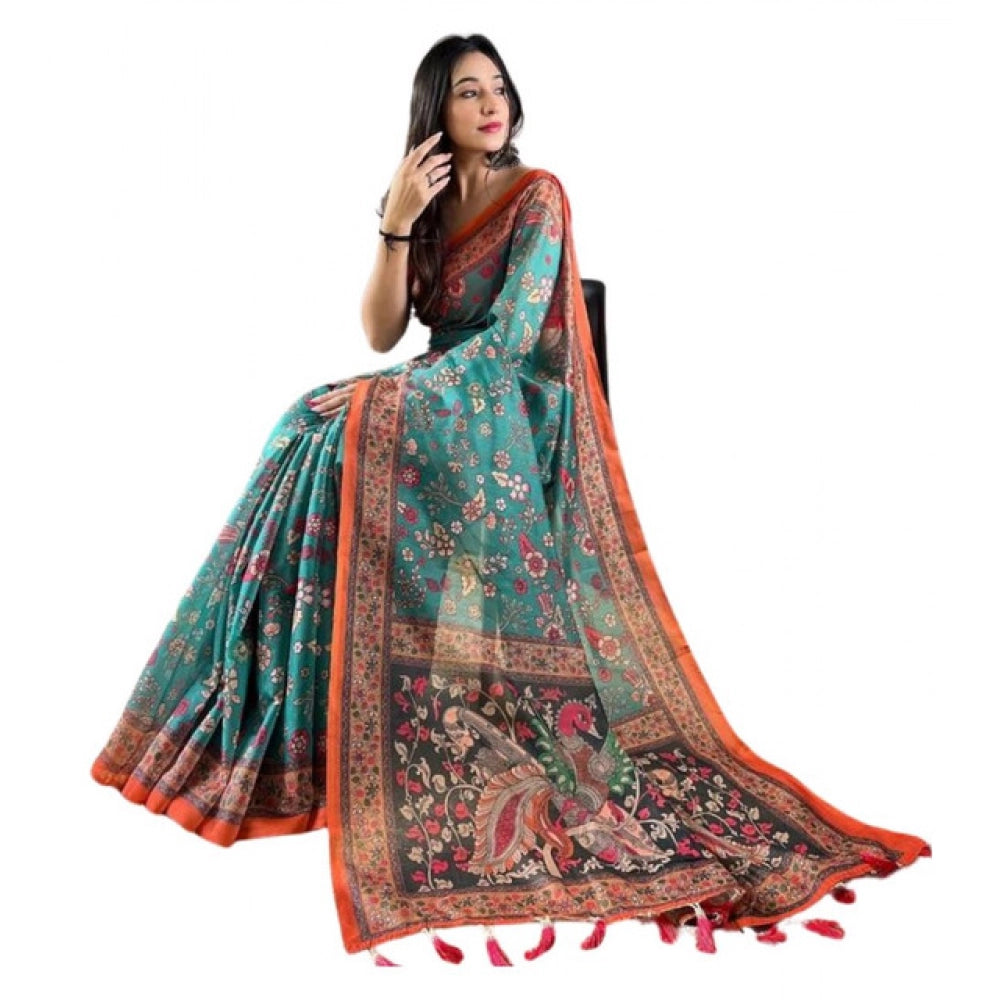 Women'S Linen Printed Saree With Unstitched Blouse 5.5Mtr (Oli
