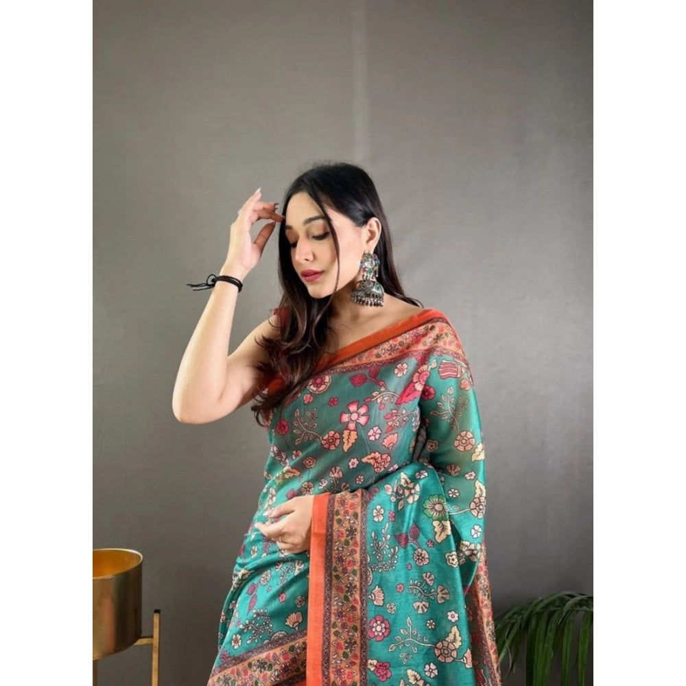 Women'S Linen Printed Saree With Unstitched Blouse 5.5Mtr (Oli