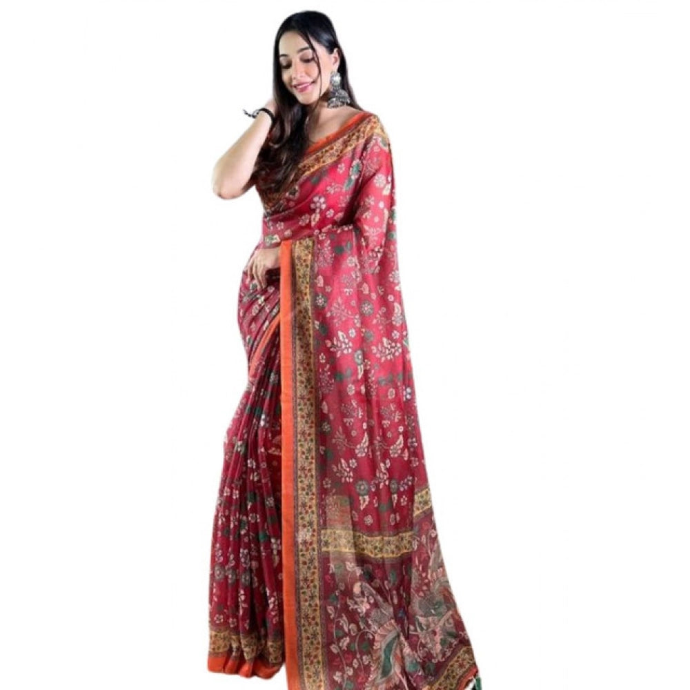 Women'S Linen Printed Saree With Unstitched Blouse 5.5Mtr (Red
