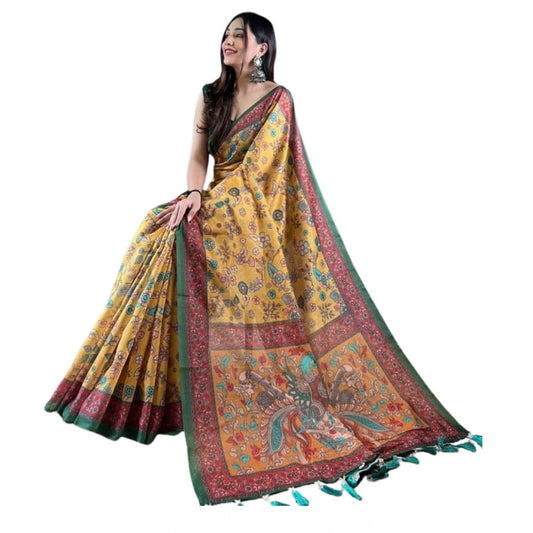 Women'S Linen Printed Saree With Unstitched Blouse 5.5Mtr (Yel