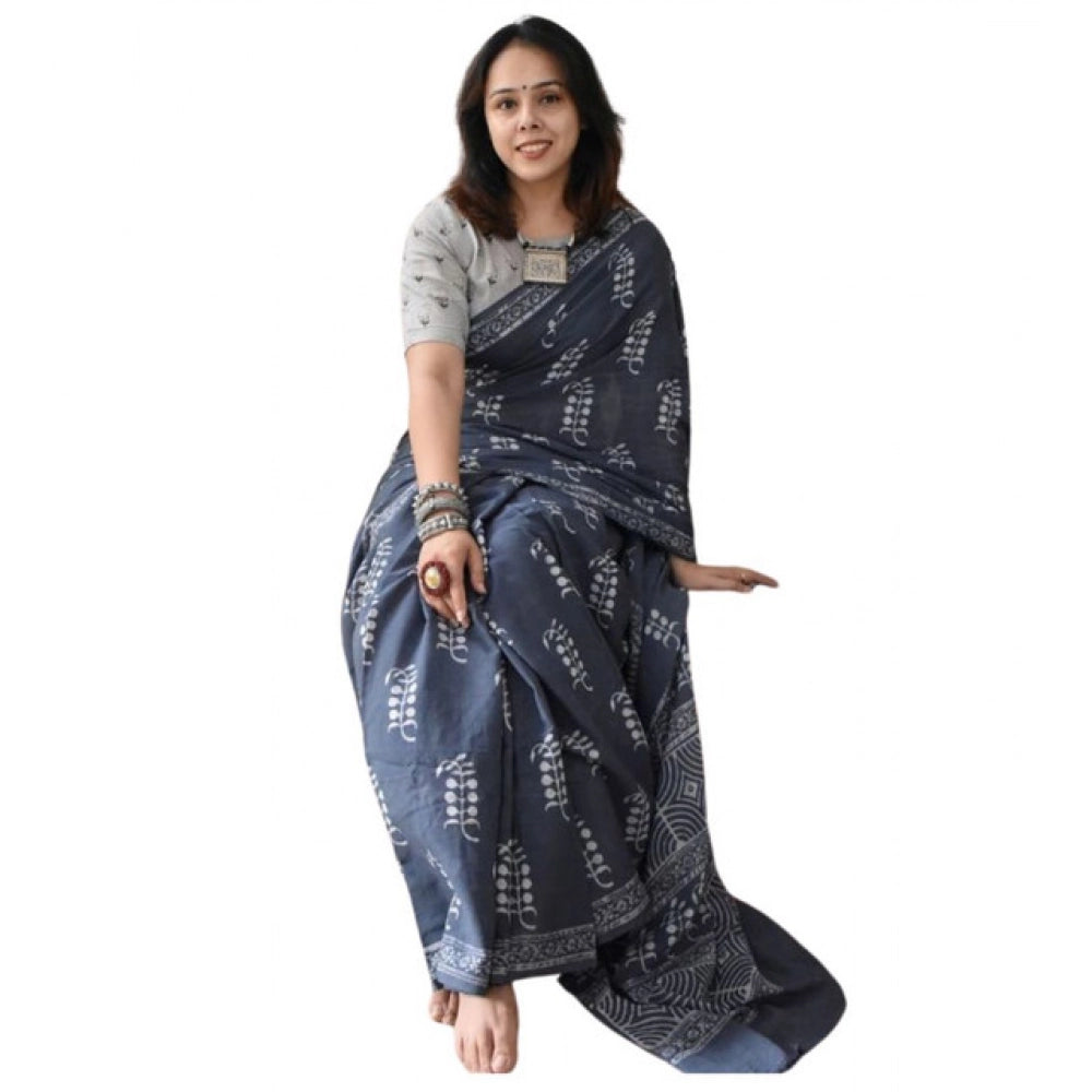 Women'S Linen Printed Saree With Unstitched Blouse 5.5Mtr (Gre