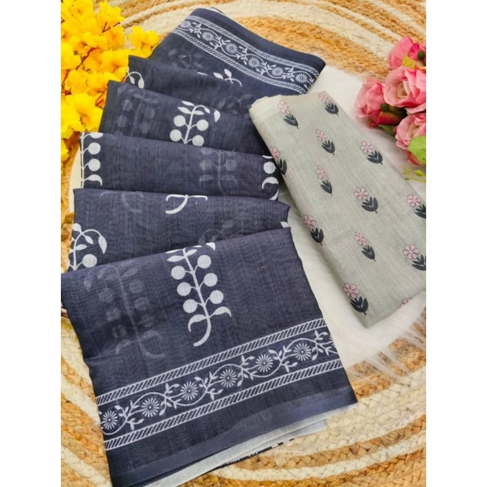 Women'S Linen Printed Saree With Unstitched Blouse 5.5Mtr (Gre