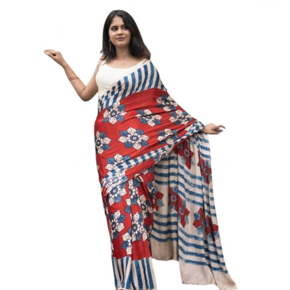 Women's Linen Printed Saree With Unstitched Blouse 5.5Mtr (Red) - VANSHELLE