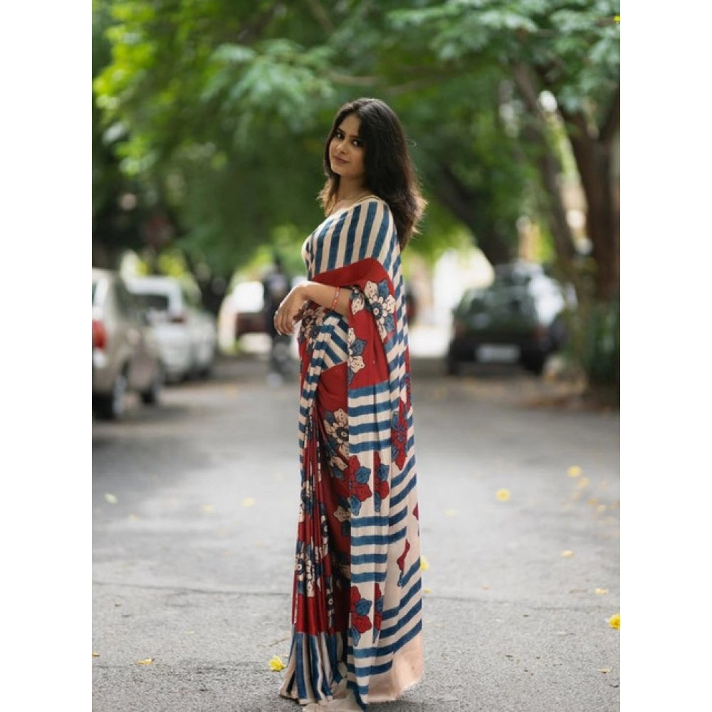 Women's Linen Printed Saree With Unstitched Blouse 5.5Mtr (Red) - VANSHELLE