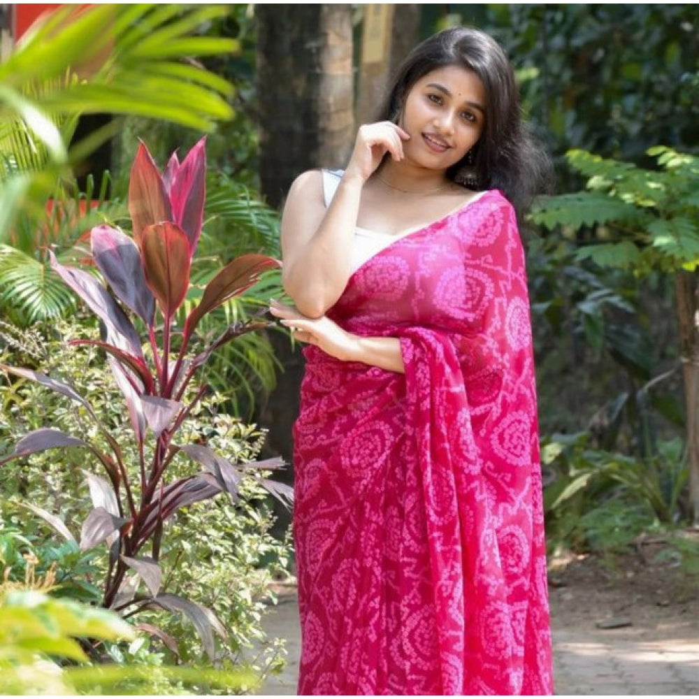 Women's Georgette Printed Saree With Unstitched Blouse 5.5Mtr (Pink) - VANSHELLE