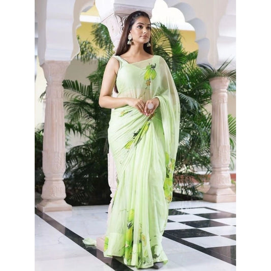 Women's Linen Printed Saree With Unstitched Blouse 5.5Mtr (Green) - VANSHELLE