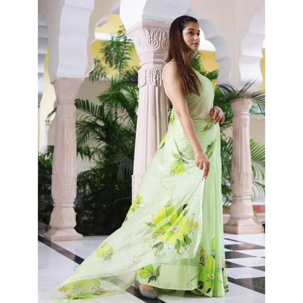 Women's Linen Printed Saree With Unstitched Blouse 5.5Mtr (Green) - VANSHELLE