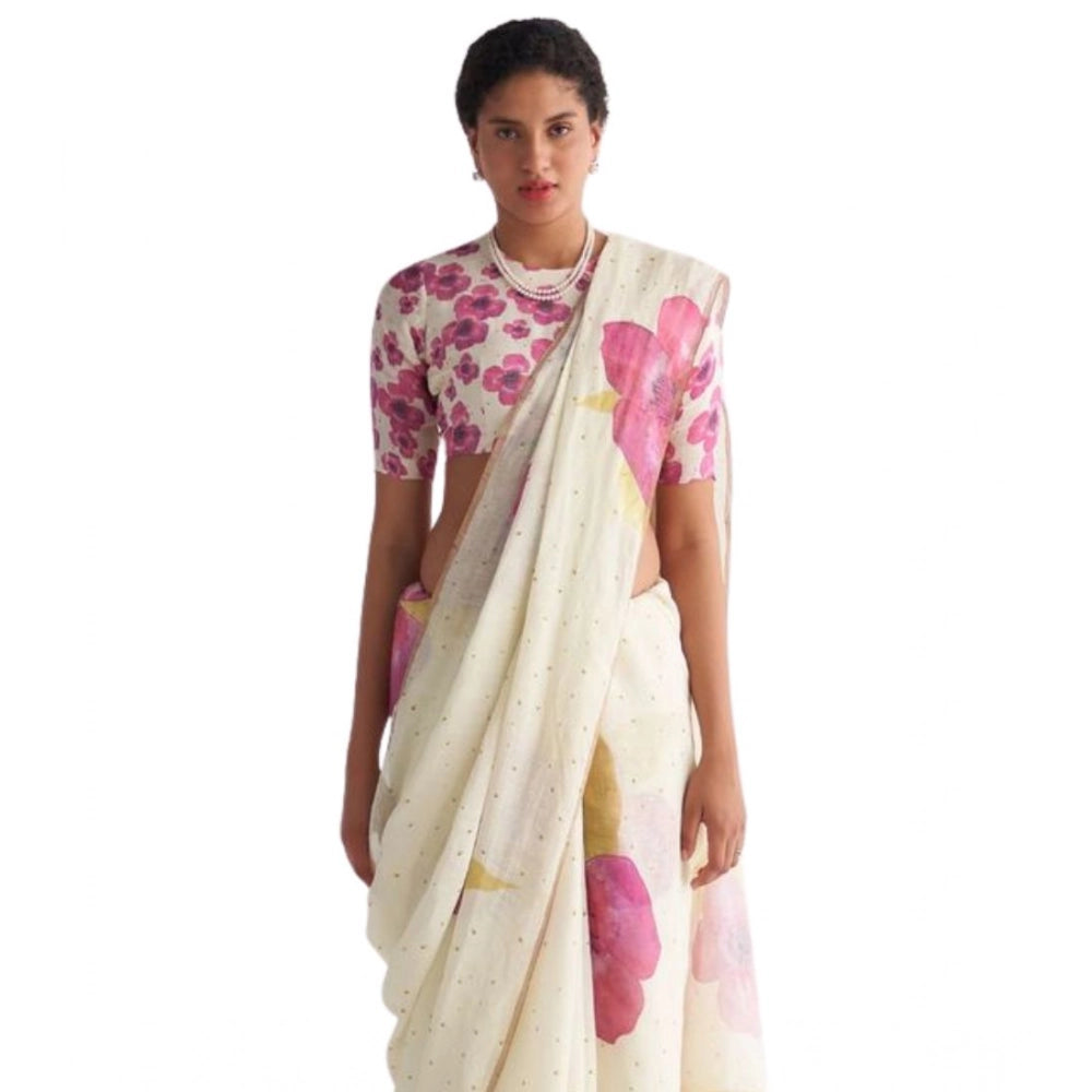 Women's Linen Printed Saree With Unstitched Blouse 5.5Mtr (White) - VANSHELLE