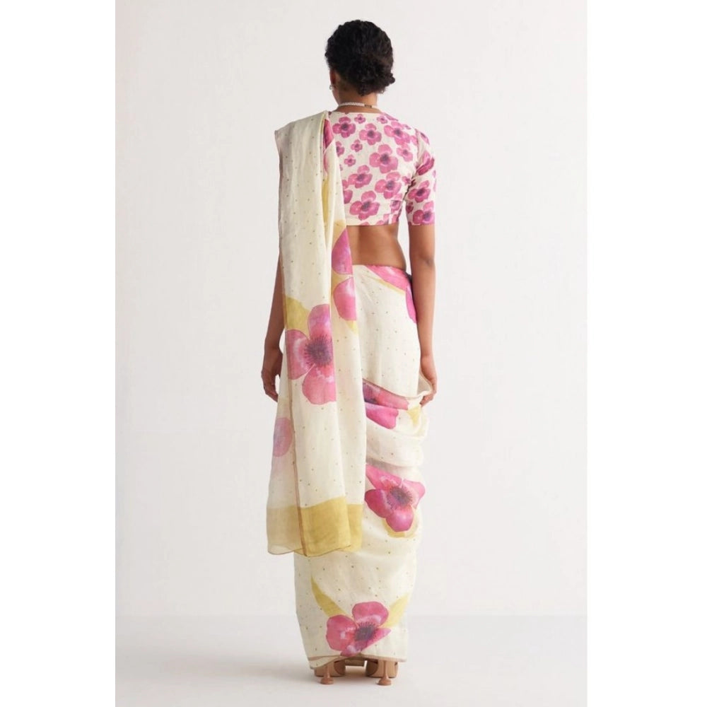 Women's Linen Printed Saree With Unstitched Blouse 5.5Mtr (White) - VANSHELLE