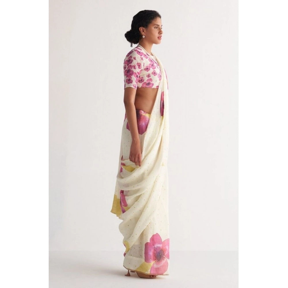 Women's Linen Printed Saree With Unstitched Blouse 5.5Mtr (White) - VANSHELLE