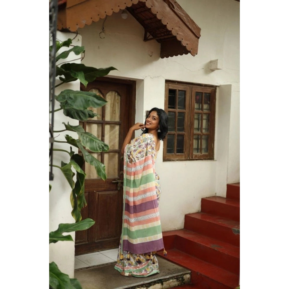 Women's Linen Printed Saree With Unstitched Blouse 5.5Mtr (Multicolor) - VANSHELLE