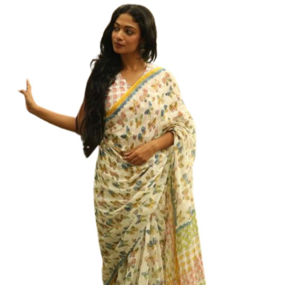 Women's Linen Printed Saree With Unstitched Blouse 5.5Mtr (White) - VANSHELLE