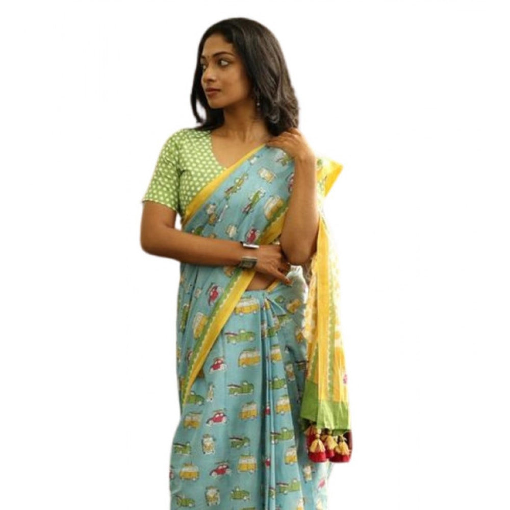 Women's Linen Printed Saree With Unstitched Blouse 5.5Mtr (Blue) - VANSHELLE