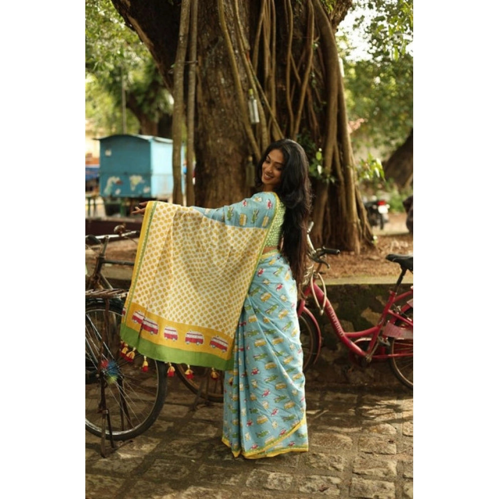 Women's Linen Printed Saree With Unstitched Blouse 5.5Mtr (Blue) - VANSHELLE