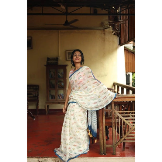 Women's Linen Printed Saree With Unstitched Blouse 5.5Mtr (White) - VANSHELLE