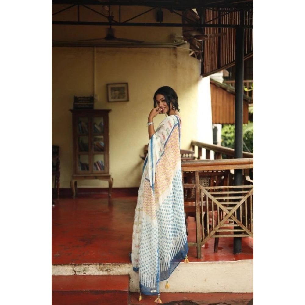 Women's Linen Printed Saree With Unstitched Blouse 5.5Mtr (White) - VANSHELLE