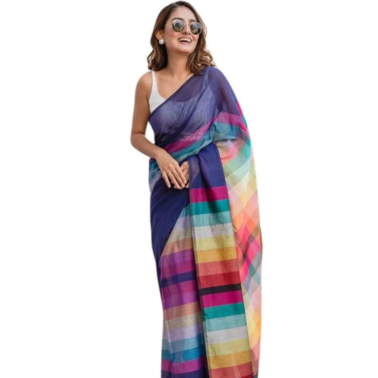 Women'S Linen Printed Saree With Unstitched Blouse 5.5Mtr (Nav