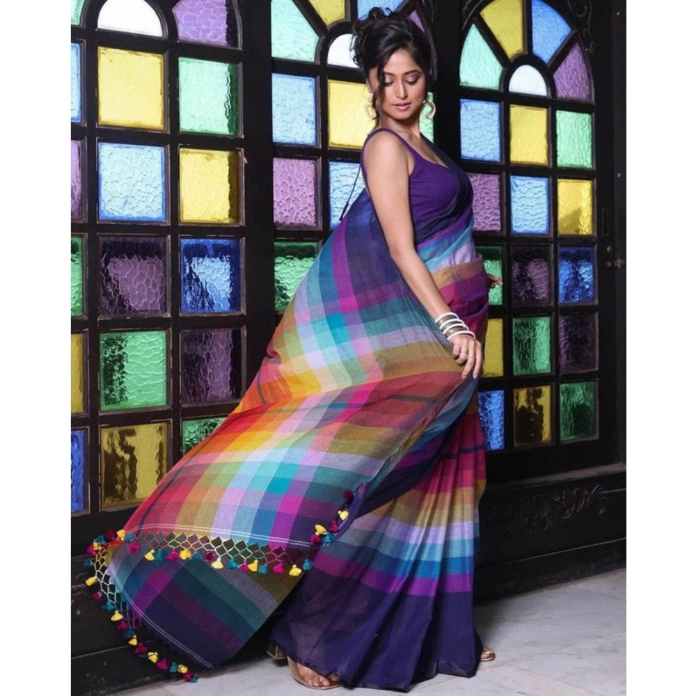 Women'S Linen Printed Saree With Unstitched Blouse 5.5Mtr (Nav