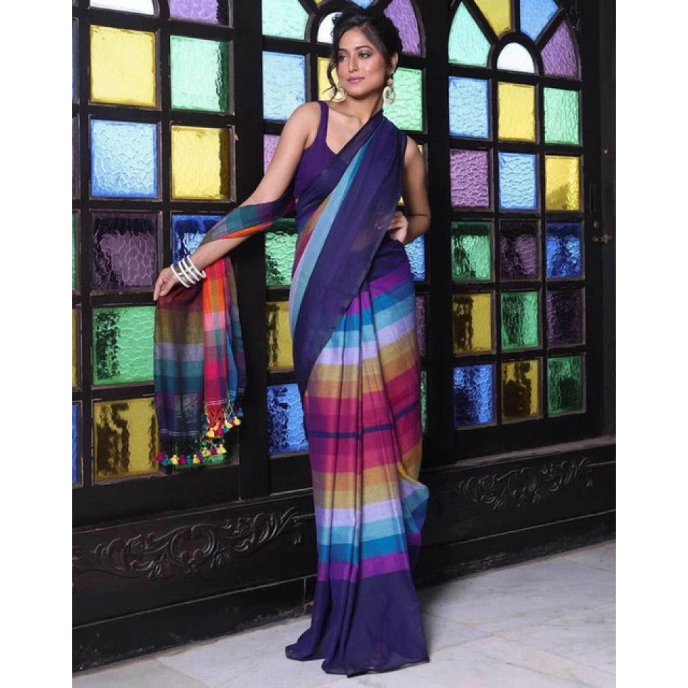 Women'S Linen Printed Saree With Unstitched Blouse 5.5Mtr (Nav