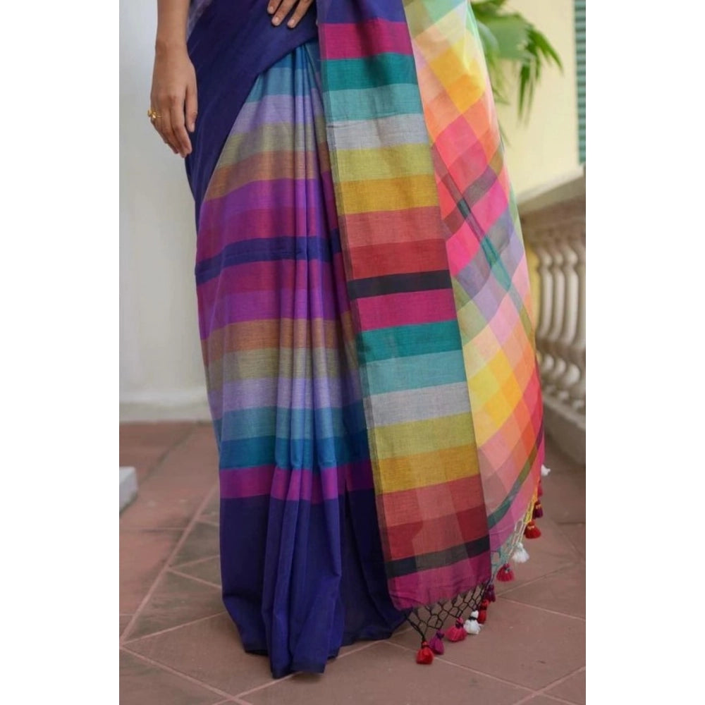 Women'S Linen Printed Saree With Unstitched Blouse 5.5Mtr (Nav