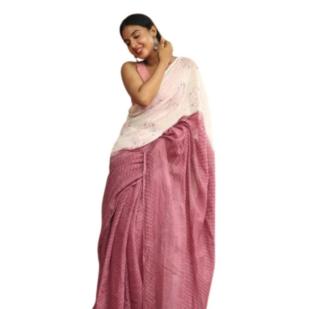 Women's Linen Printed Saree With Unstitched Blouse 5.5Mtr (White) - VANSHELLE