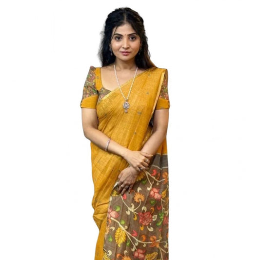 Women'S Linen Printed Saree With Unstitched Blouse 5.5Mtr (Mus