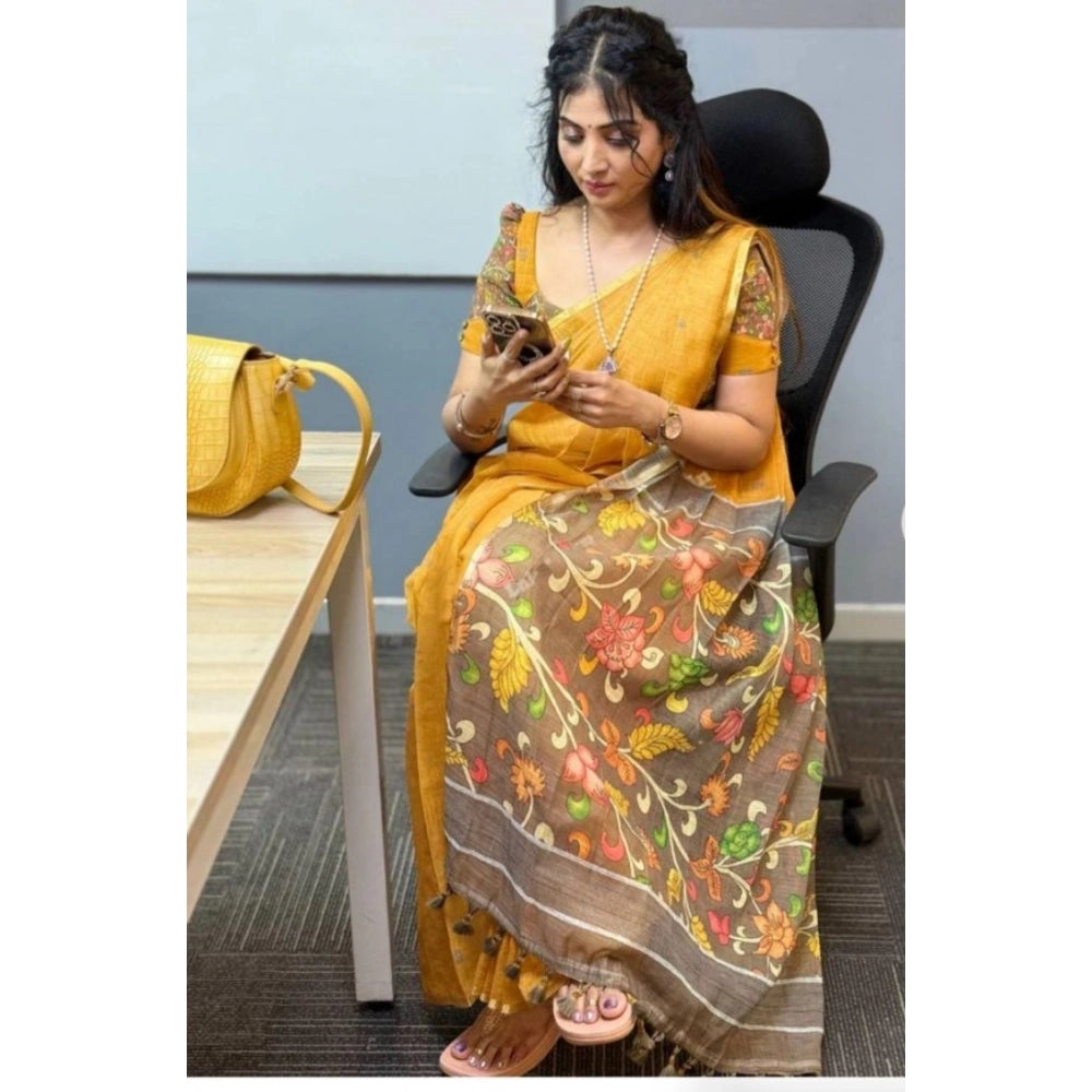 Women'S Linen Printed Saree With Unstitched Blouse 5.5Mtr (Mus