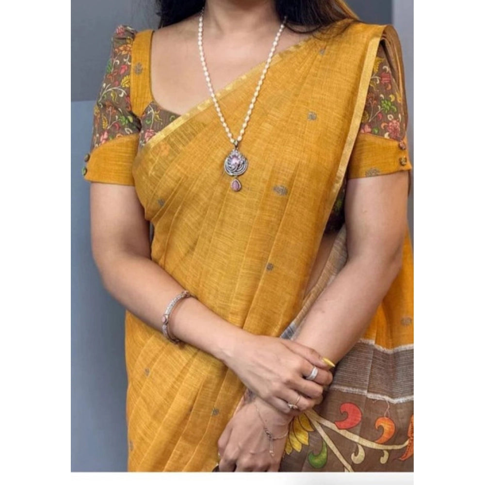 Women'S Linen Printed Saree With Unstitched Blouse 5.5Mtr (Mus