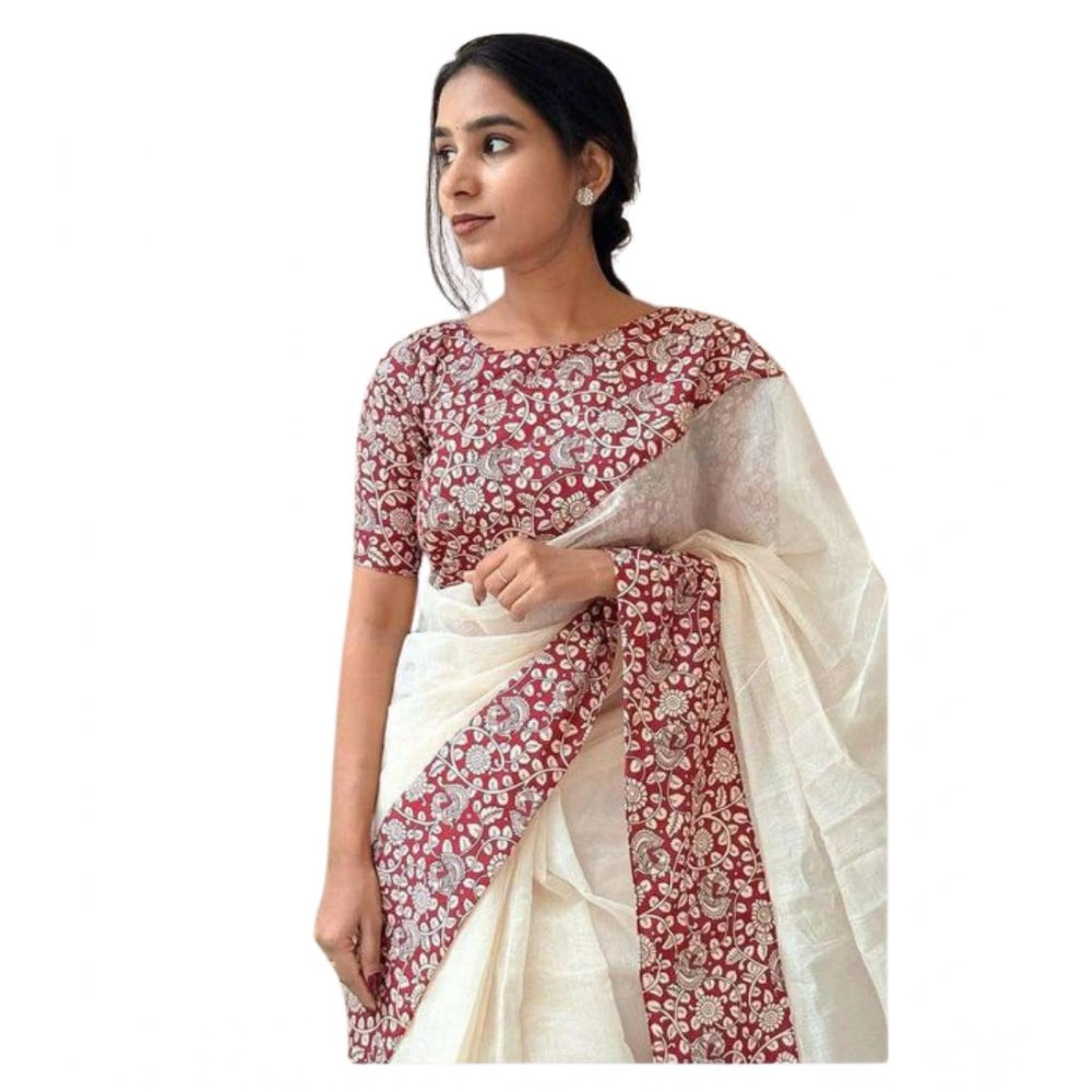 Women's Linen Printed Saree With Unstitched Blouse 5.5Mtr (White) - VANSHELLE