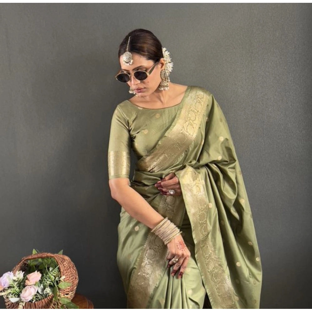 Women'S Satin Printed Saree With Unstitched Blouse 5.5Mtr (Gre