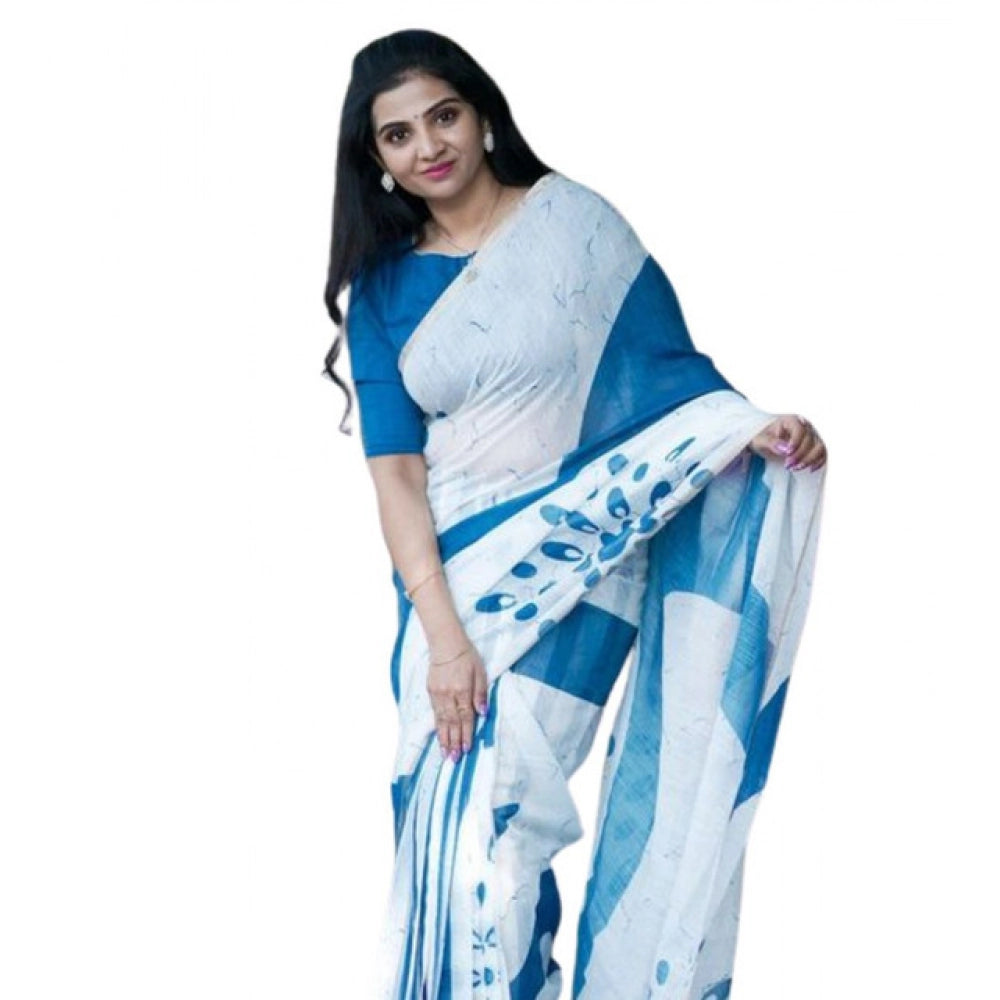 Women's Linen Printed Saree With Unstitched Blouse 5.5Mtr (White) - VANSHELLE