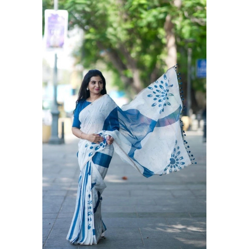 Women's Linen Printed Saree With Unstitched Blouse 5.5Mtr (White) - VANSHELLE