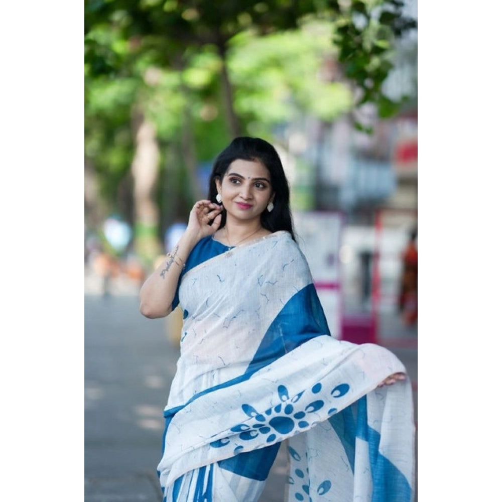 Women's Linen Printed Saree With Unstitched Blouse 5.5Mtr (White) - VANSHELLE