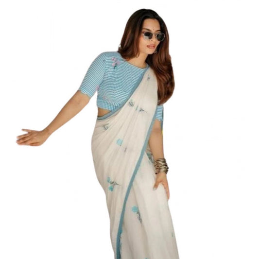 Women's Linen Printed Saree With Unstitched Blouse 5.5Mtr (White) - VANSHELLE