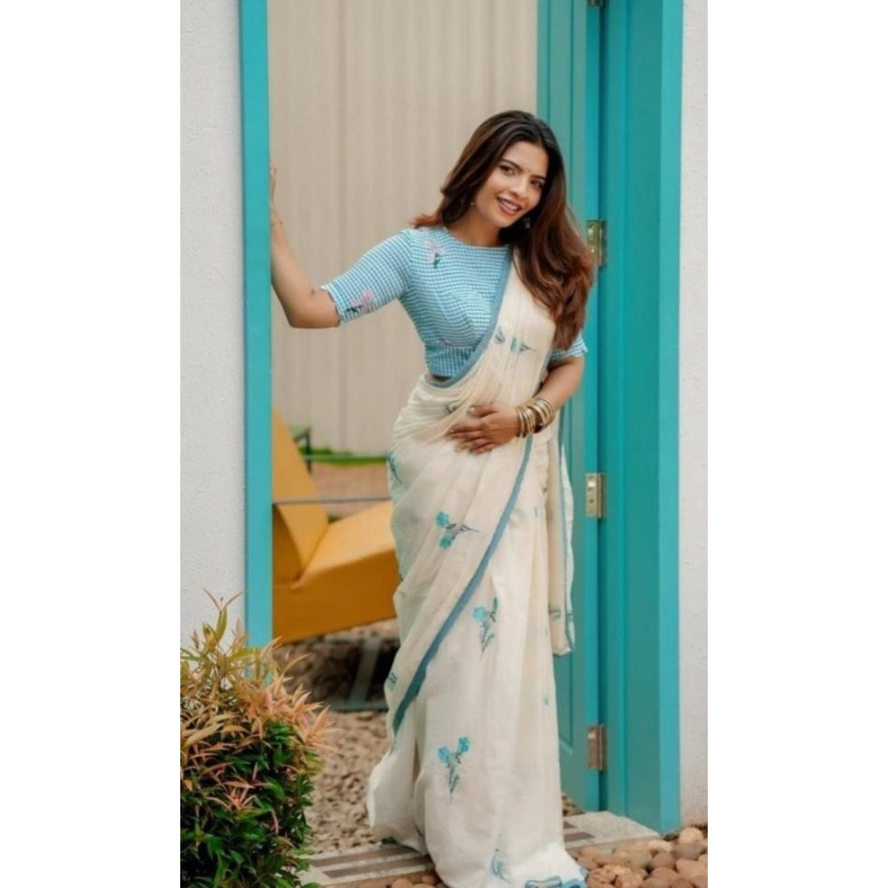 Women's Linen Printed Saree With Unstitched Blouse 5.5Mtr (White) - VANSHELLE
