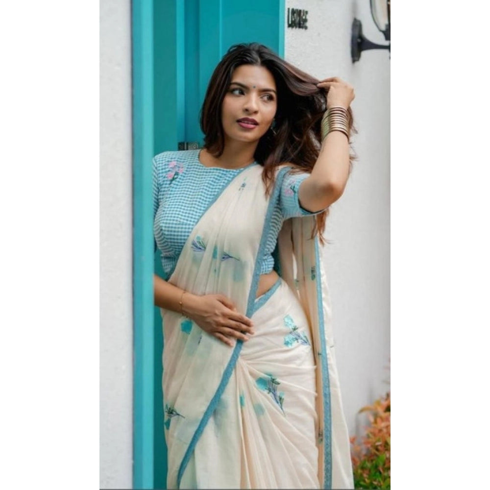Women's Linen Printed Saree With Unstitched Blouse 5.5Mtr (White) - VANSHELLE