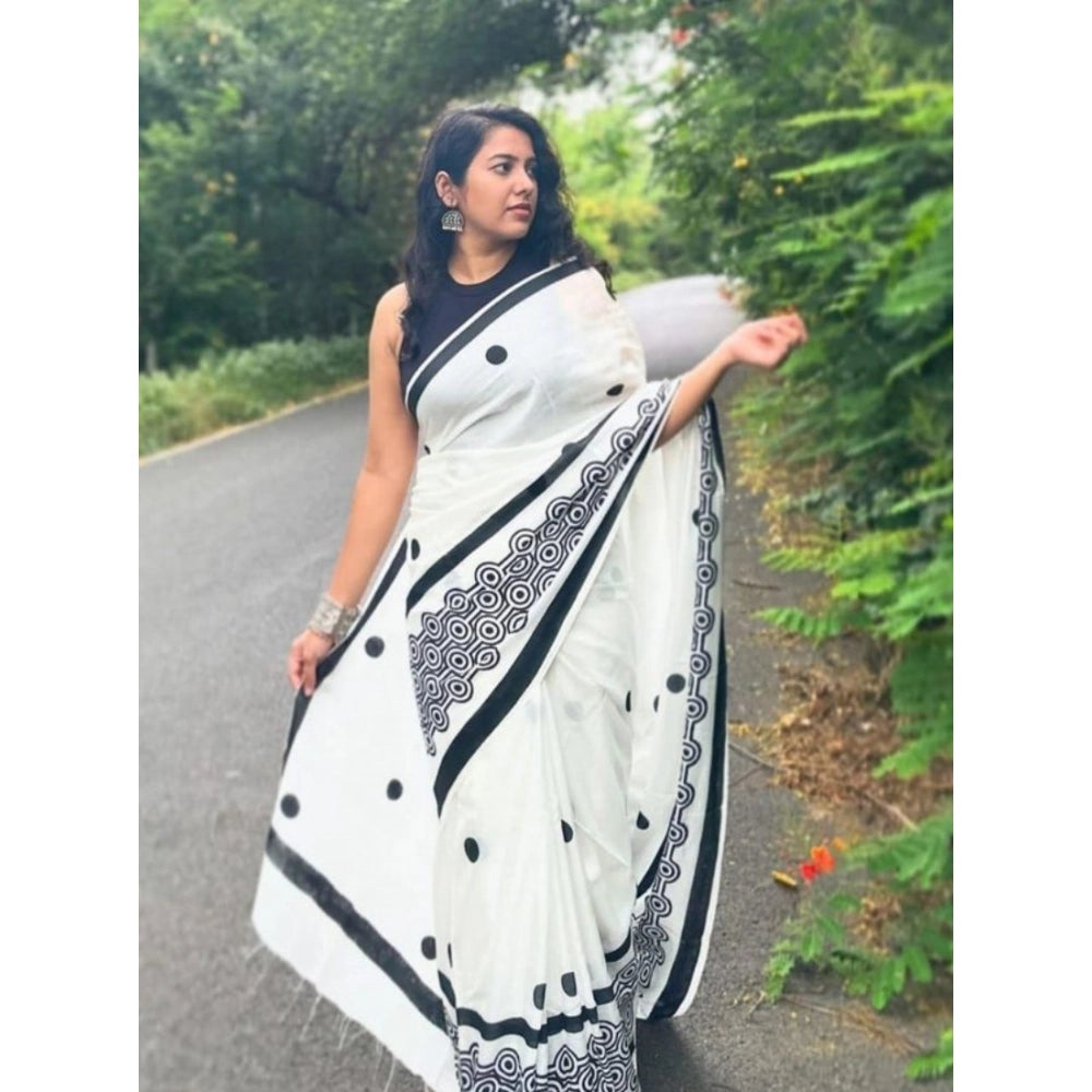 Women's Linen Printed Saree With Unstitched Blouse 5.5Mtr (White) - VANSHELLE