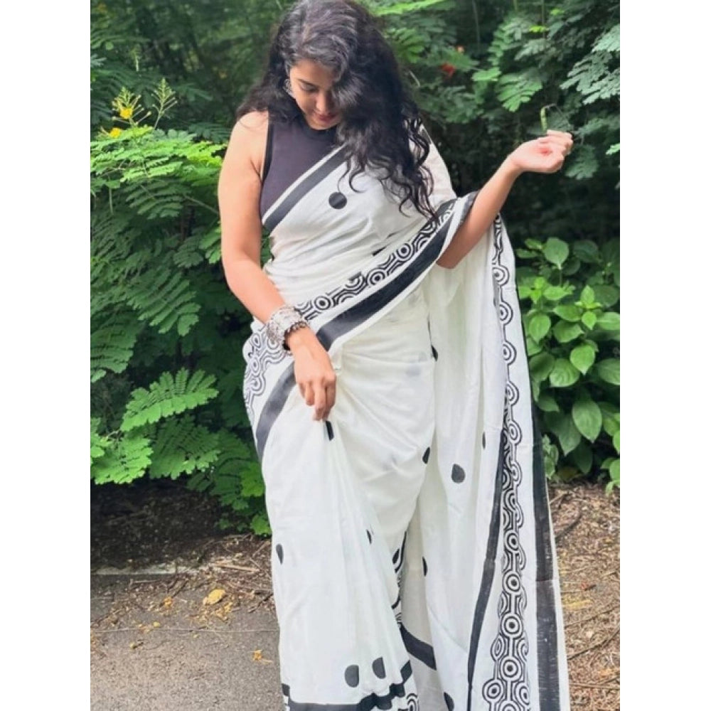 Women's Linen Printed Saree With Unstitched Blouse 5.5Mtr (White) - VANSHELLE