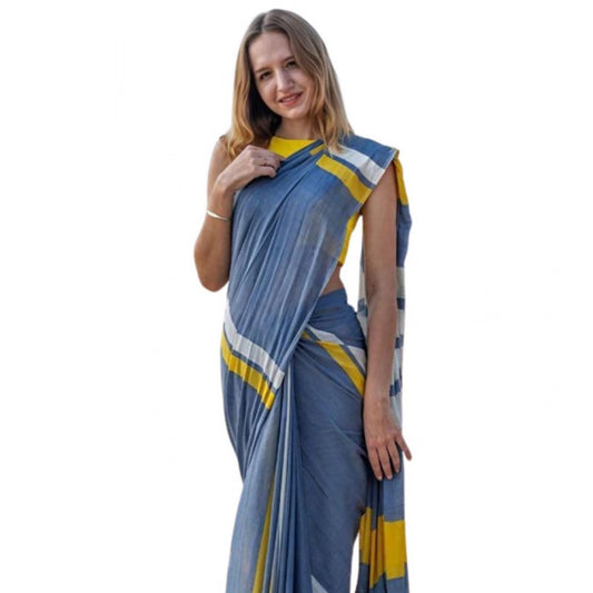 Women's Linen Printed Saree With Unstitched Blouse 5.5Mtr (Blue) - VANSHELLE