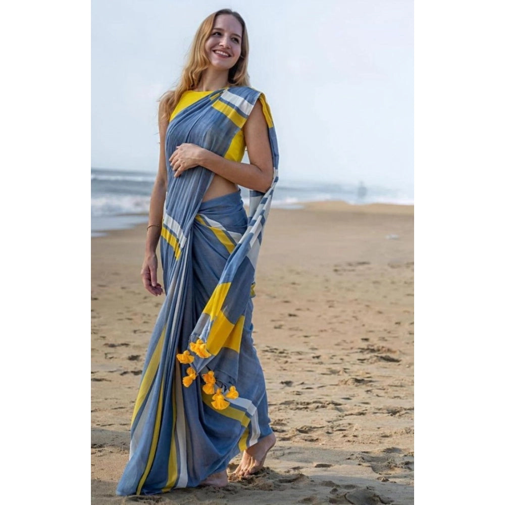 Women's Linen Printed Saree With Unstitched Blouse 5.5Mtr (Blue) - VANSHELLE