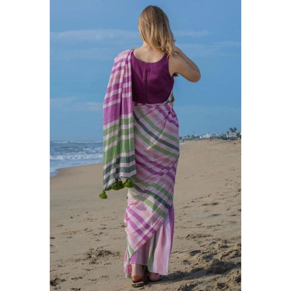 Women'S Linen Printed Saree With Unstitched Blouse 5.5Mtr (Pin
