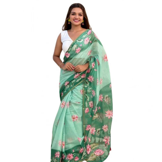 Women's Linen Printed Saree With Unstitched Blouse 5.5Mtr (Green) - VANSHELLE