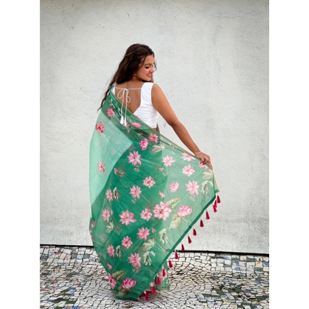 Women's Linen Printed Saree With Unstitched Blouse 5.5Mtr (Green) - VANSHELLE