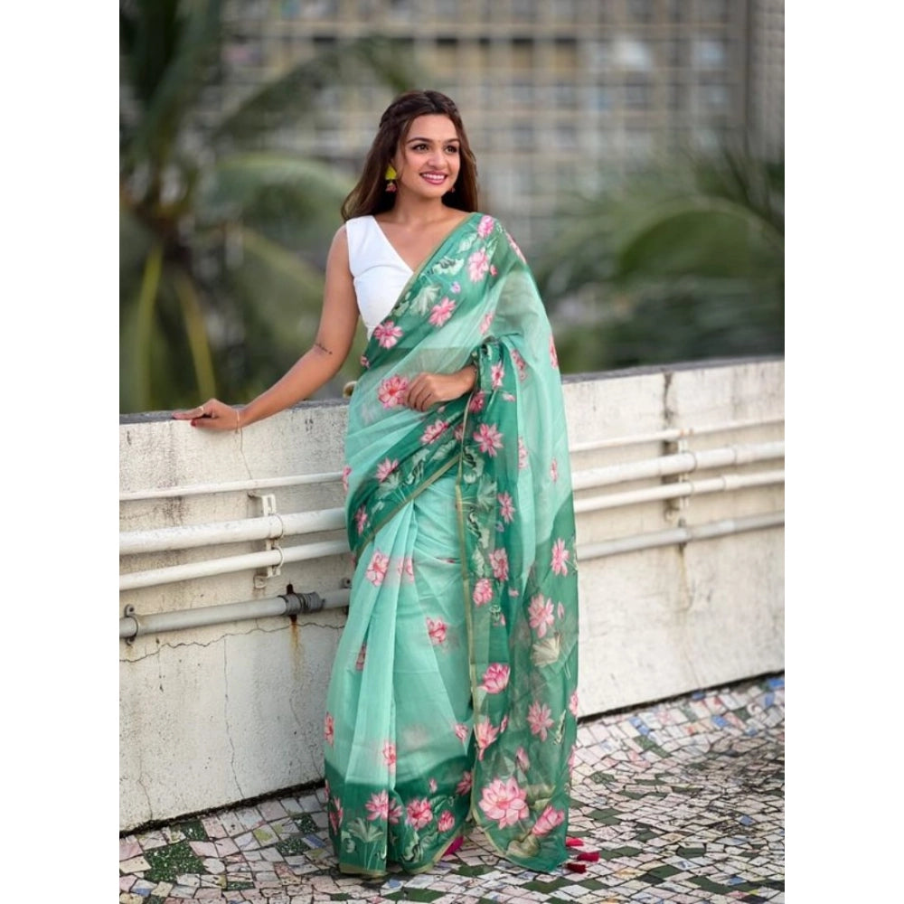 Women's Linen Printed Saree With Unstitched Blouse 5.5Mtr (Green) - VANSHELLE