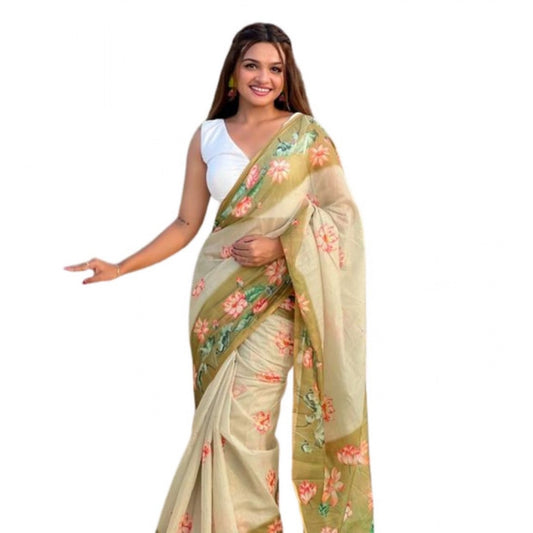 Women'S Linen Printed Saree With Unstitched Blouse 5.5Mtr (Mah