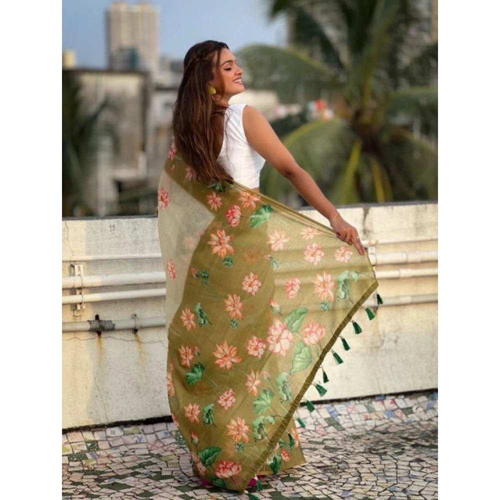 Women'S Linen Printed Saree With Unstitched Blouse 5.5Mtr (Mah