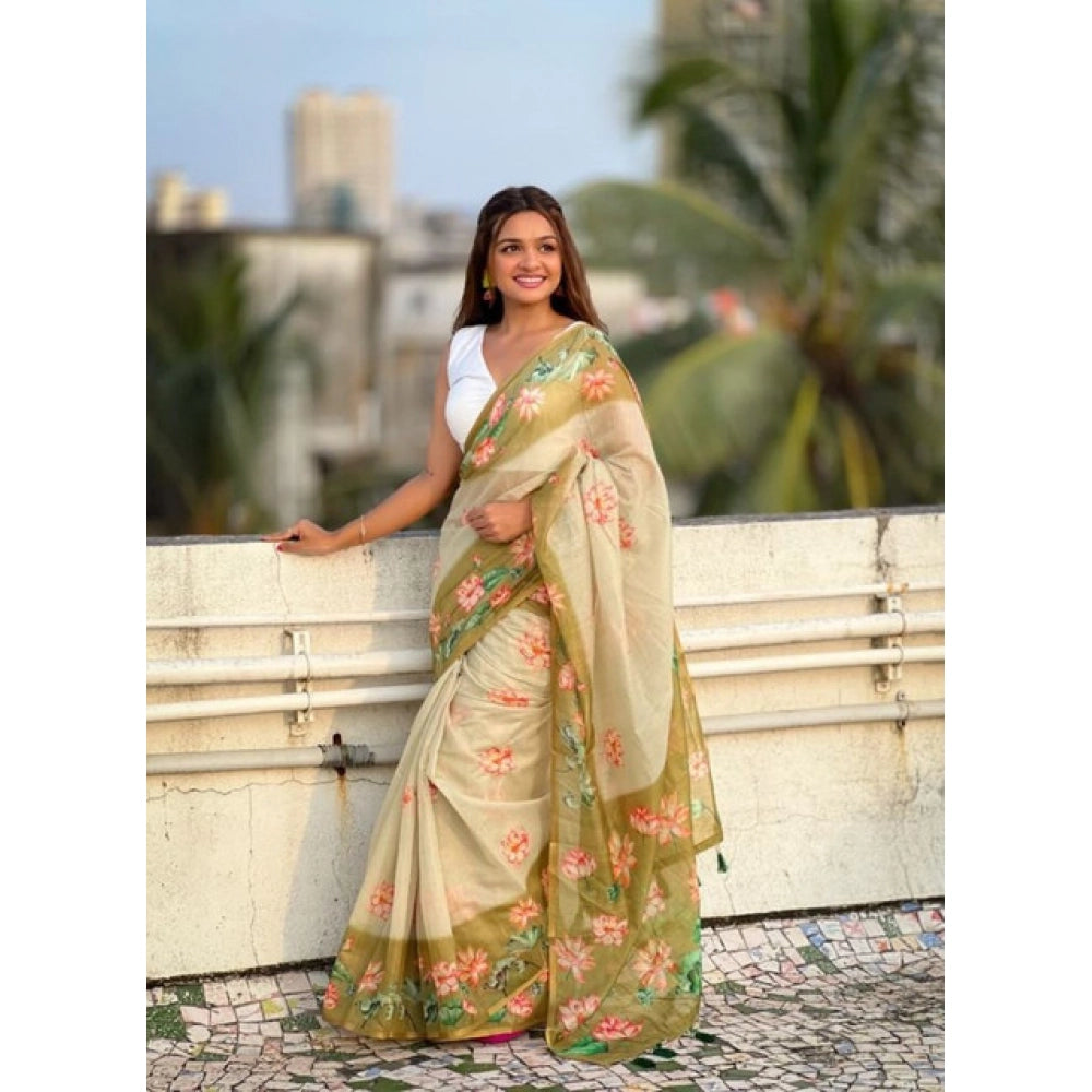 Women'S Linen Printed Saree With Unstitched Blouse 5.5Mtr (Mah