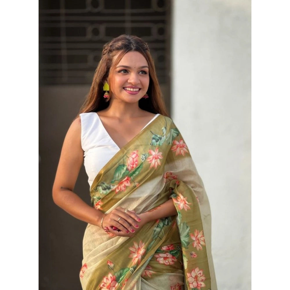 Women'S Linen Printed Saree With Unstitched Blouse 5.5Mtr (Mah