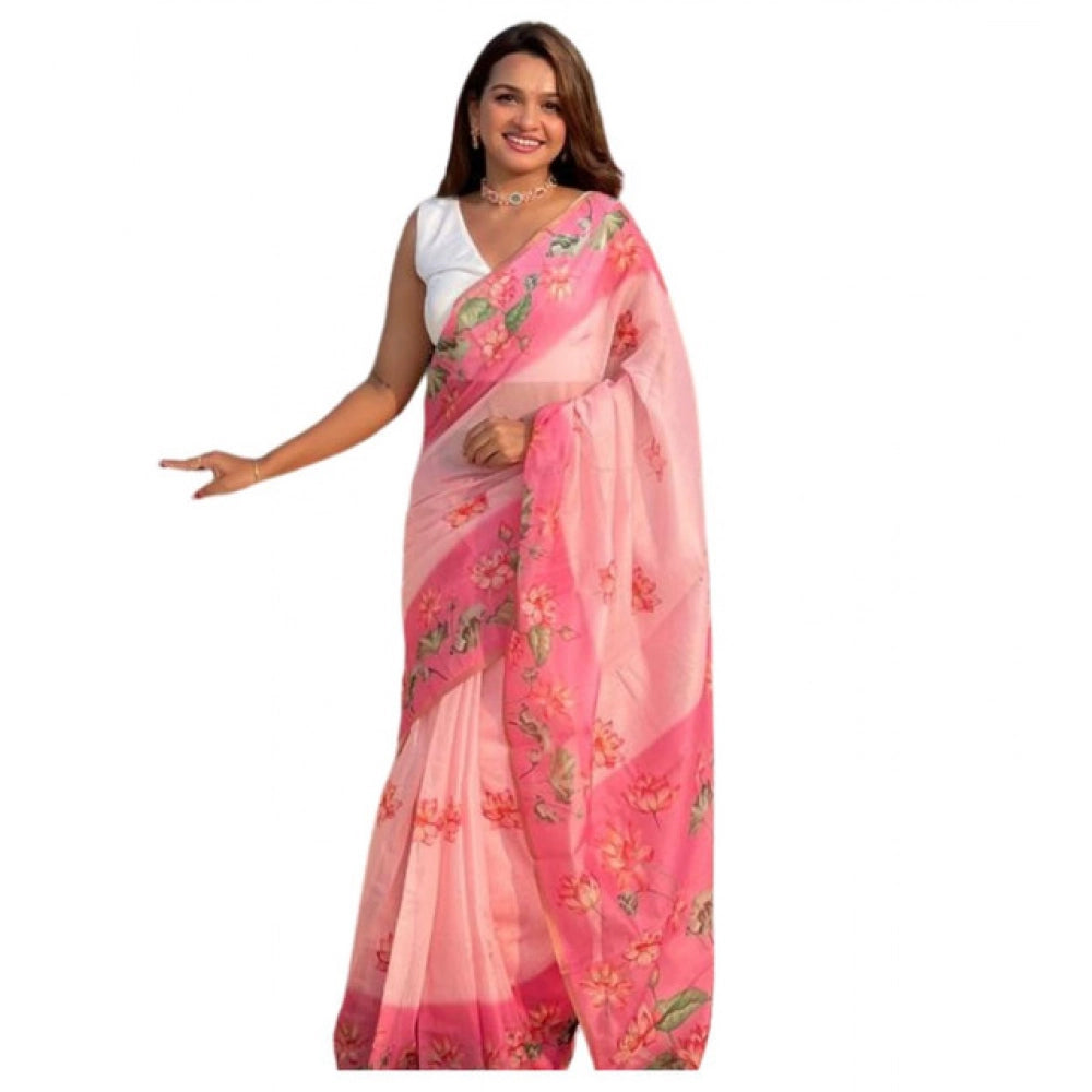 Women's Linen Printed Saree With Unstitched Blouse 5.5Mtr (Pink) - VANSHELLE