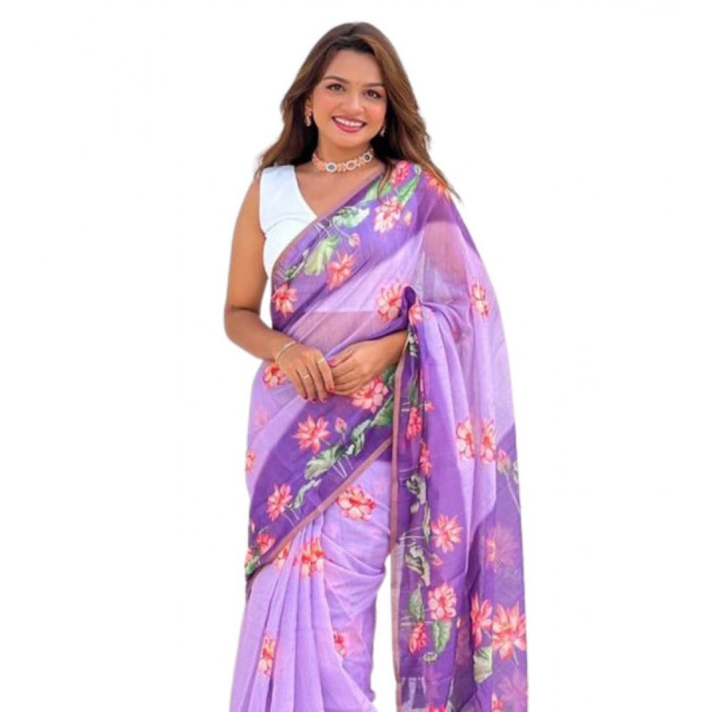 Women's Linen Printed Saree With Unstitched Blouse 5.5Mtr (Purple) - VANSHELLE